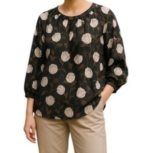 Rose & Olive Floral Relaxed Blouse Black Brown Dolman Long Sleeves Silky 1X